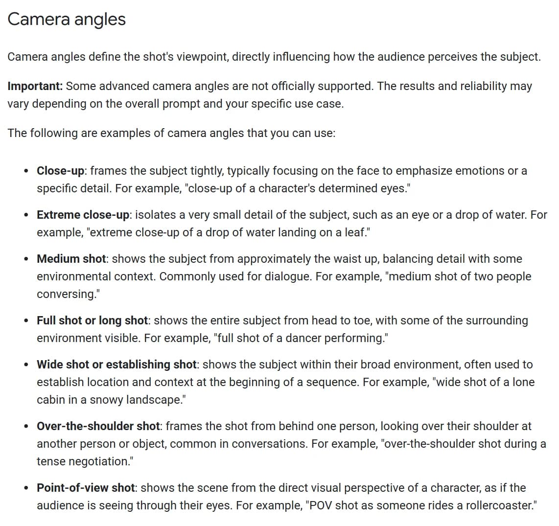 Google's Vertex AI video generation prompt guide, Camera angles section, with its note that some advanced camera angles are not officially supported, followed by definitions and example prompts for close-up, extreme close-up, medium shot, full shot, wide shot, over-the-shoulder and point-of-view shots