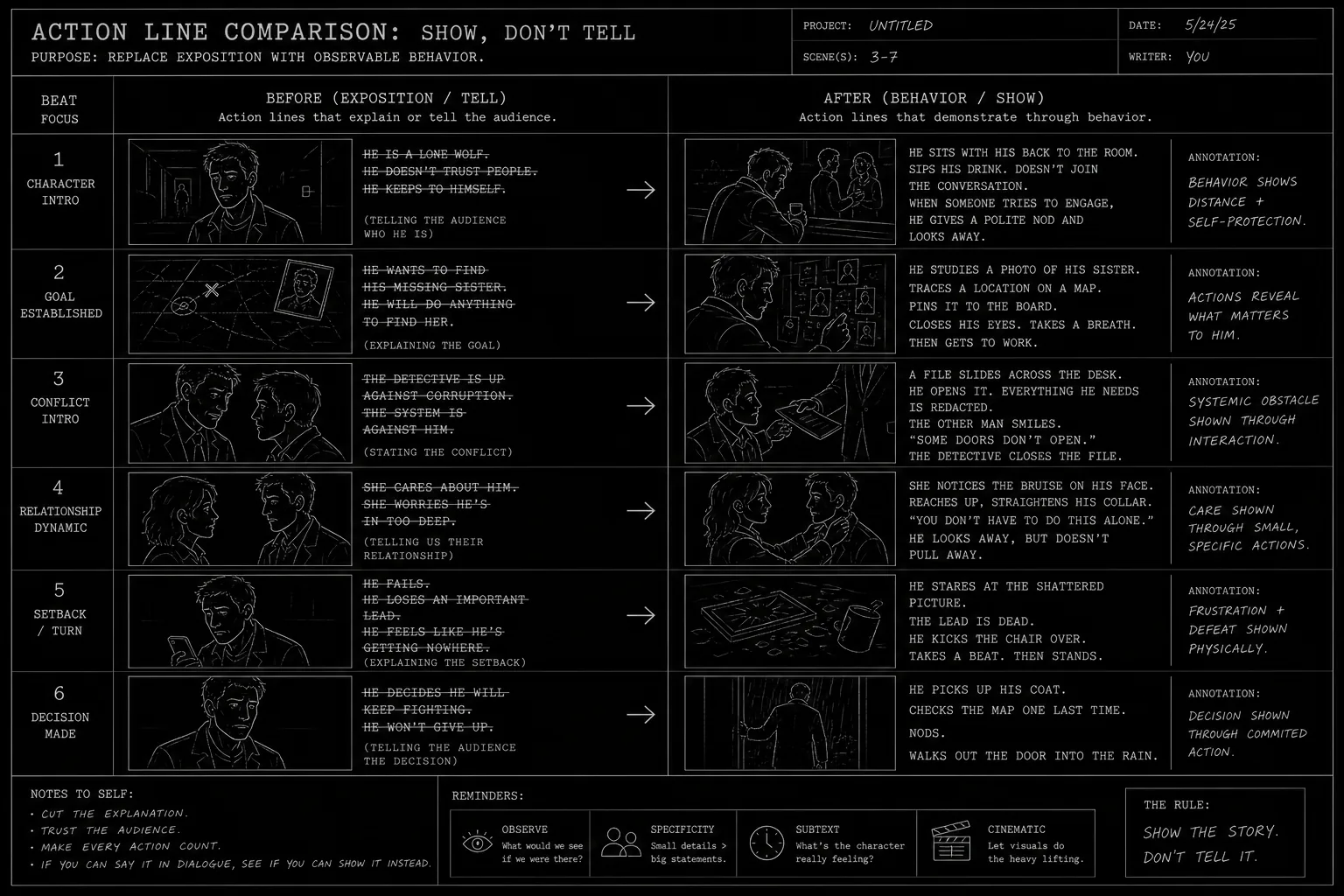 Before and after action line comparison with exposition struck through and behavior added; dark mode technical sketch