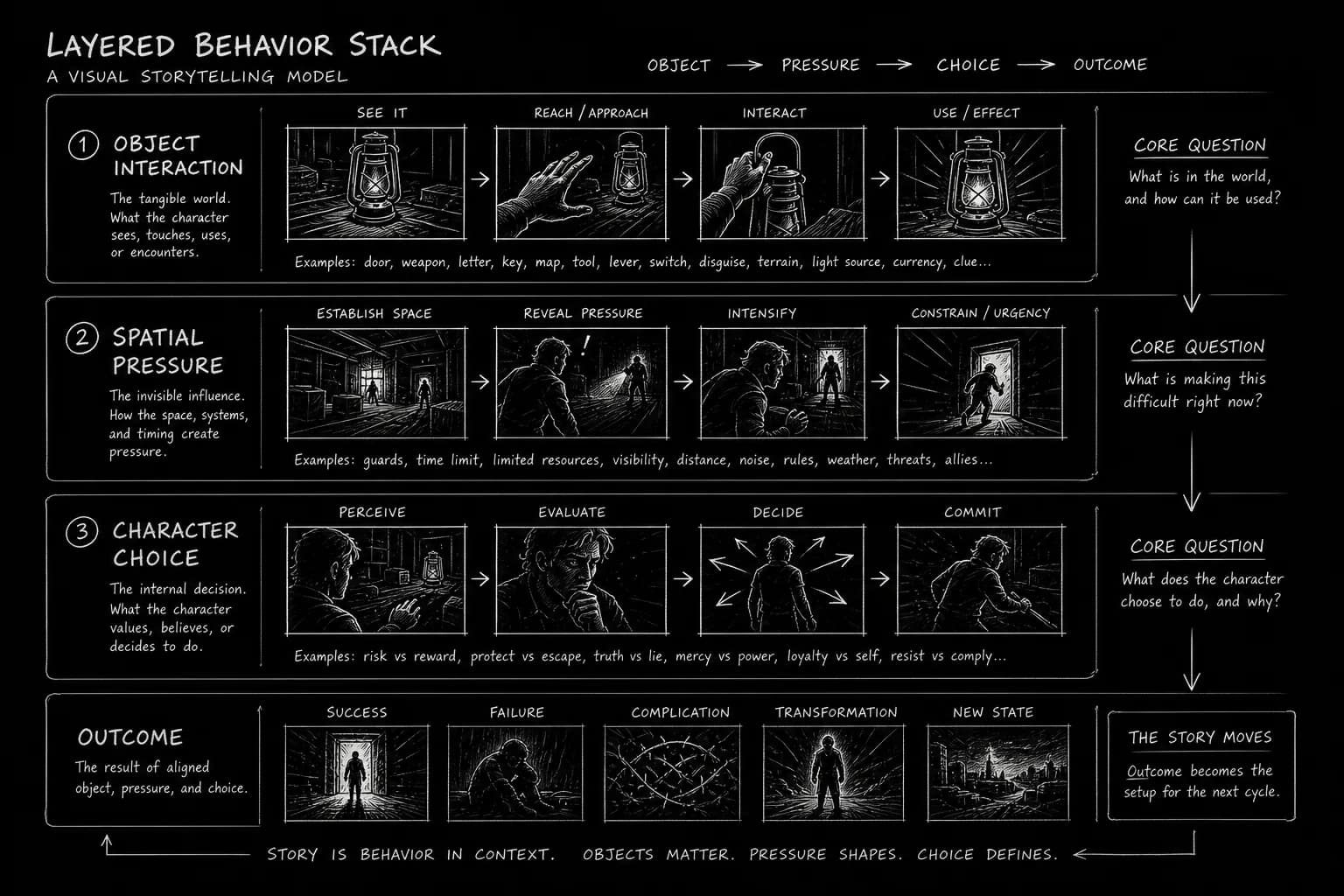Behavior stack diagram layering object interaction, spatial pressure, and character choice; dark mode technical sketch