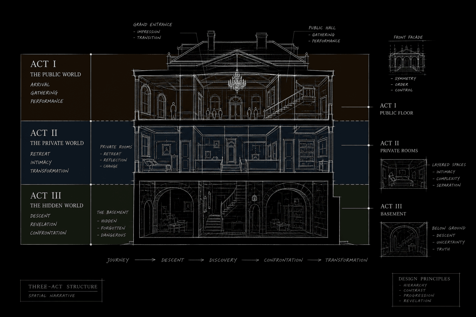 Single-location thriller act map across building zones; dark mode technical sketch