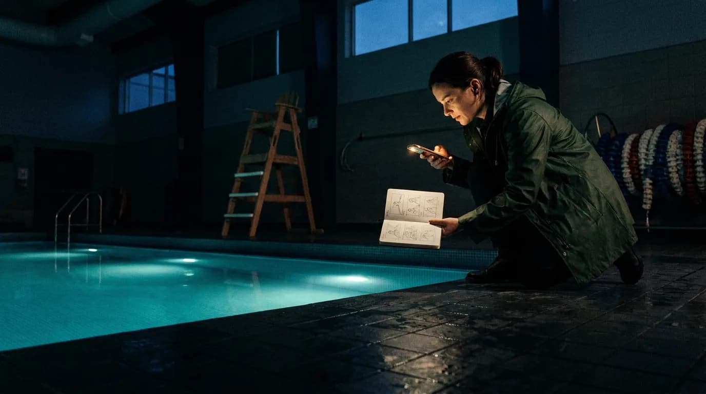 A film director in a green rain jacket kneels on the wet tiled edge of an empty indoor swimming pool at night, holding up an open sketchbook of pencil storyboard thumbnails and photographing the page with her phone, turquoise pool lights glowing under the still water and a wooden lifeguard chair in the dark behind her, cinematic still