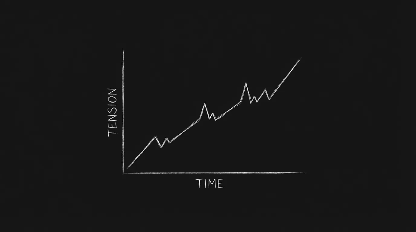 Rising tension curve with small spikes; dark mode technical sketch