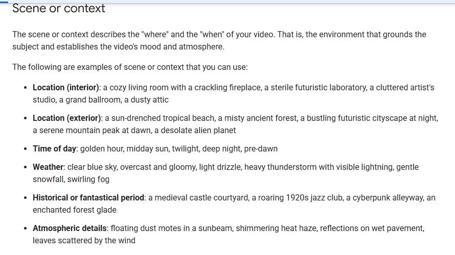 Google Cloud's video generation prompt guide, Scene or context section, defining scene as the where and the when of the video and listing examples for location (interior), location (exterior), time of day, weather, historical or fantastical period and atmospheric details