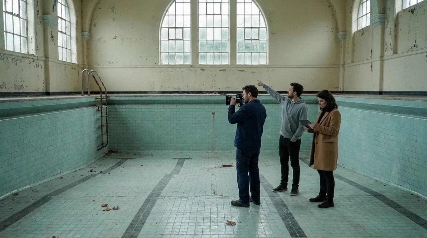 A director, a cinematographer and a gaffer stand on the tiled floor of a drained indoor public swimming pool at overcast midday, the cinematographer framing with a small camera held to his eye while the gaffer points at the tall arched windows and the director checks a tablet, cinematic still