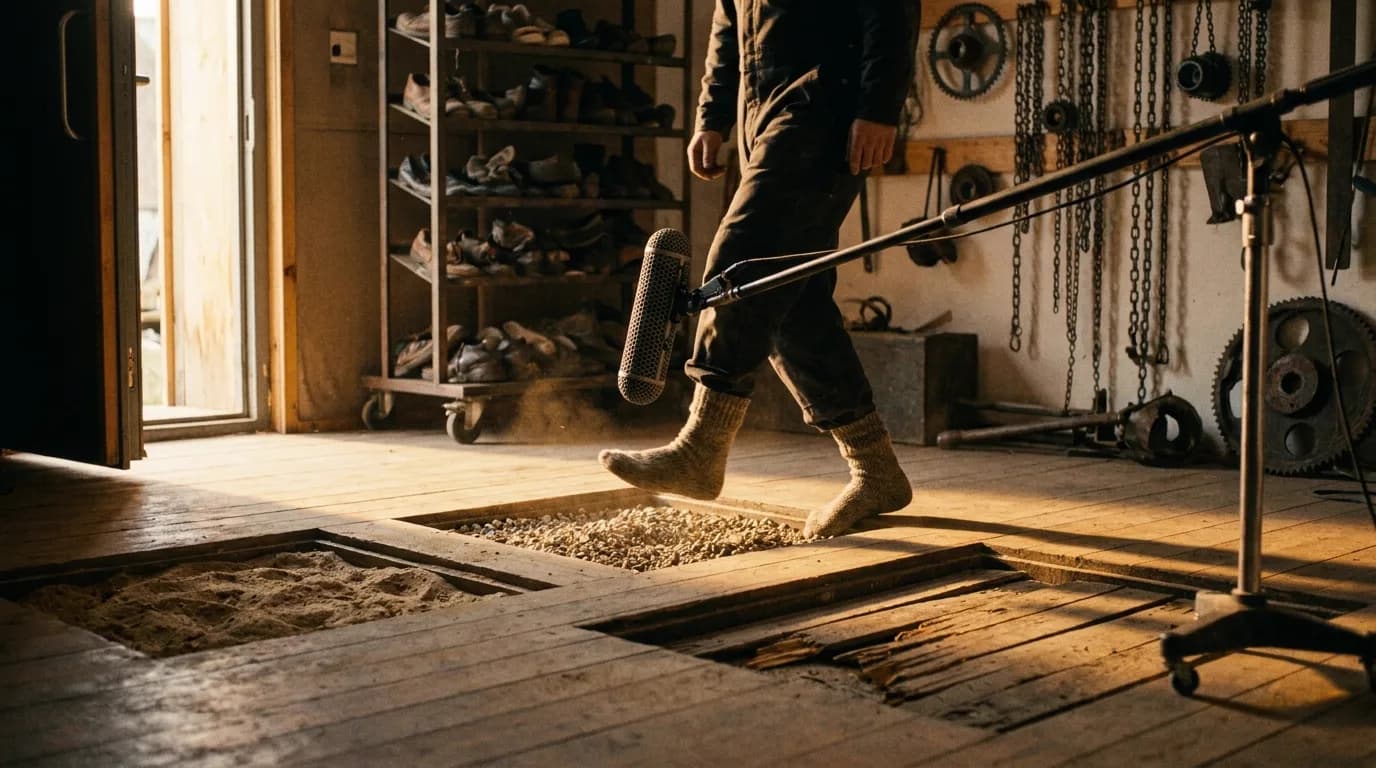 A Foley stage in warm late afternoon light seen at floor level, three surface pits of gravel, sand and old floorboards set into the wooden floor, a Foley artist in thick socks caught mid-step across the gravel with dust rising, a boom microphone angled low just above their feet, cinematic still