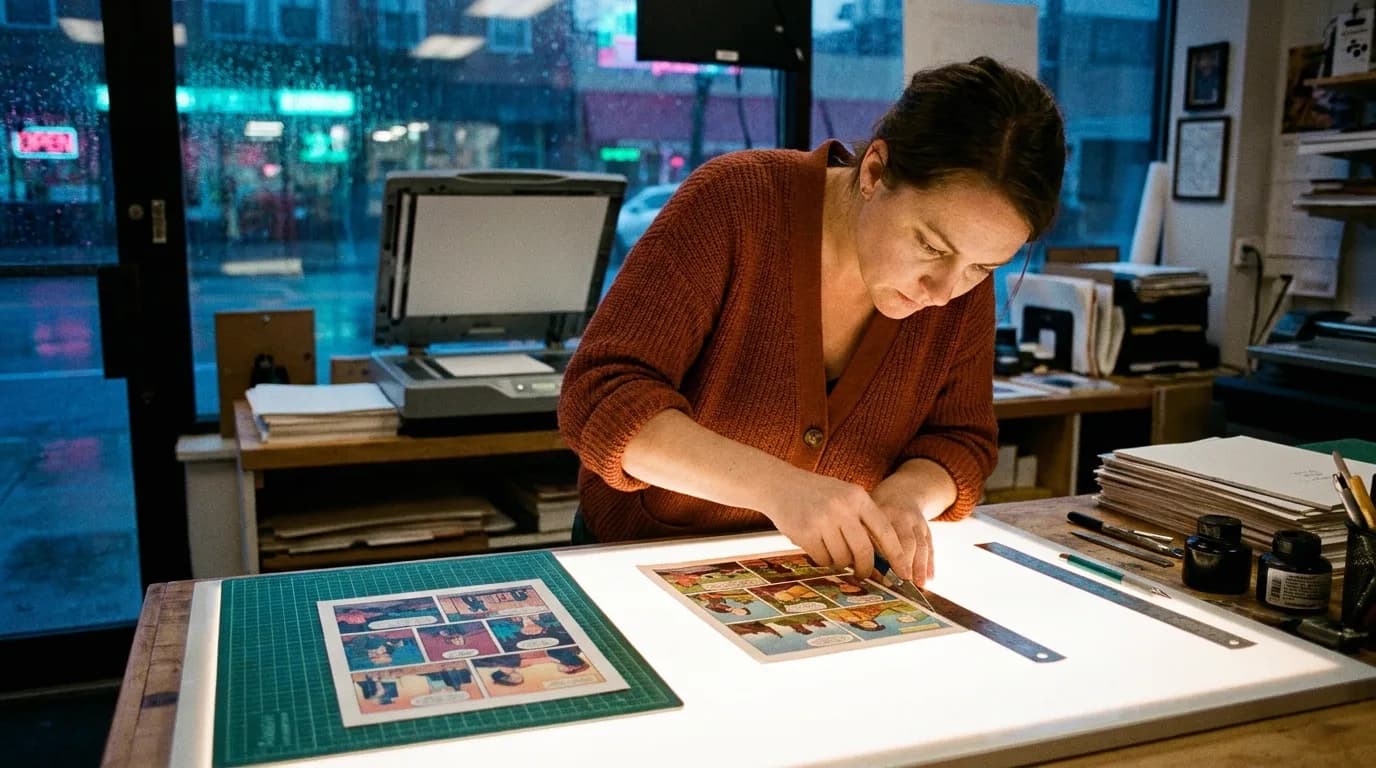 A woman in a rust-coloured cardigan cuts a printed comic page apart with a craft knife and a steel ruler on a glowing light table in a small print shop at blue hour, a second page lies on a green cutting mat beside her, a flatbed scanner with its lid open behind her and a rain-streaked shop window with teal and pink street lights, cinematic still