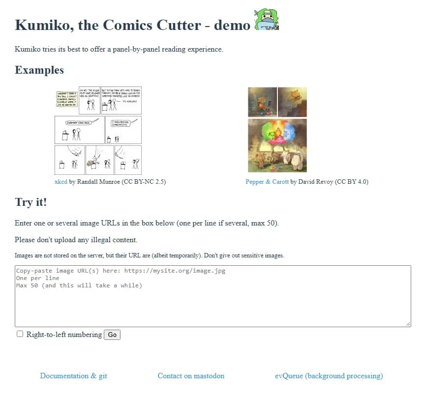 The Kumiko demo page, titled Kumiko the Comics Cutter demo, showing two example comics split into panels (an xkcd strip and a Pepper and Carrot page), a box to paste up to 50 image URLs, and a Right-to-left numbering checkbox next to a Go button