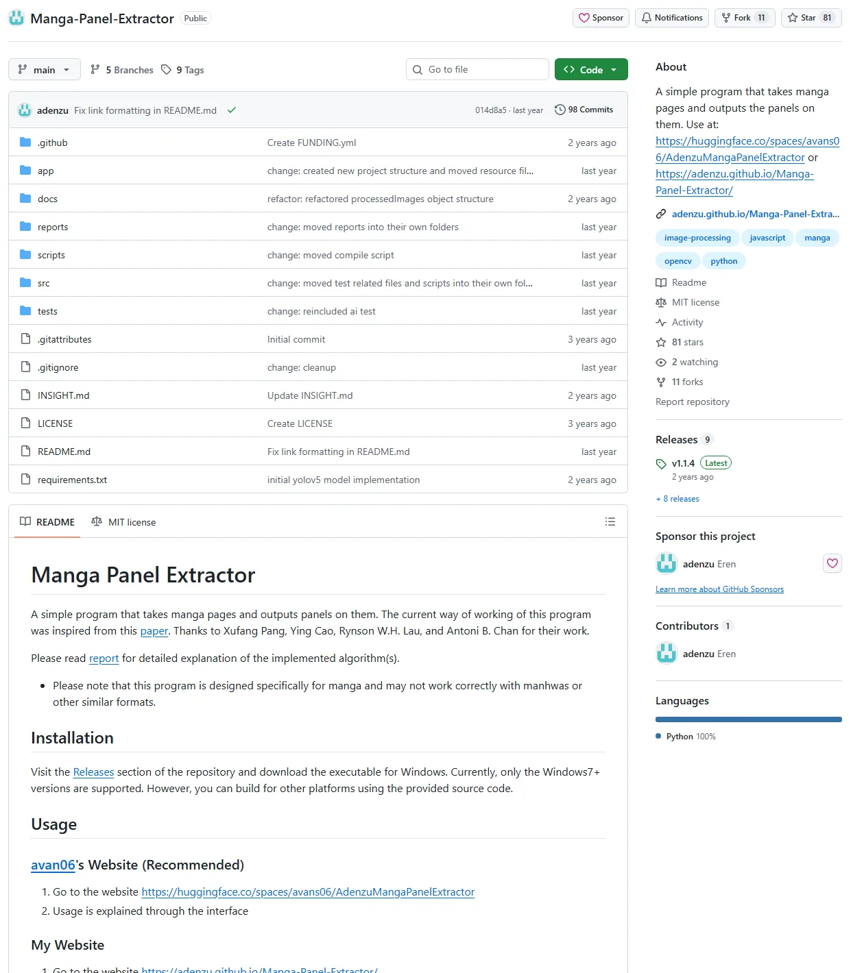 The GitHub page of adenzu's Manga-Panel-Extractor, showing the MIT license, 81 stars, latest release v1.1.4, and the README explaining that it takes manga pages and outputs panels, is designed for manga and may not work with manhwa, ships a Windows executable and can be used on a Hugging Face Space