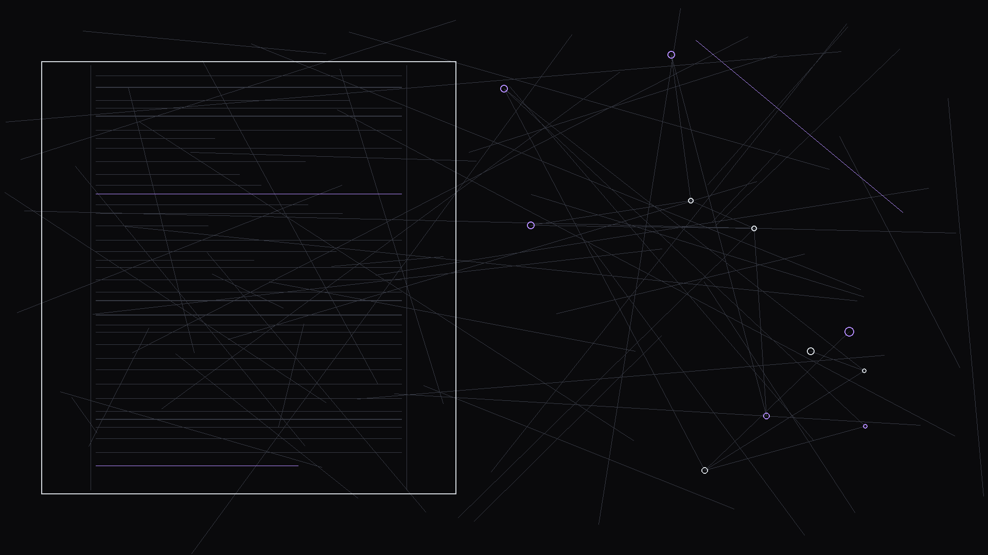 A split-screen diagram showing two locations with sync points marked; dark mode technical sketch, thin white lines on black background