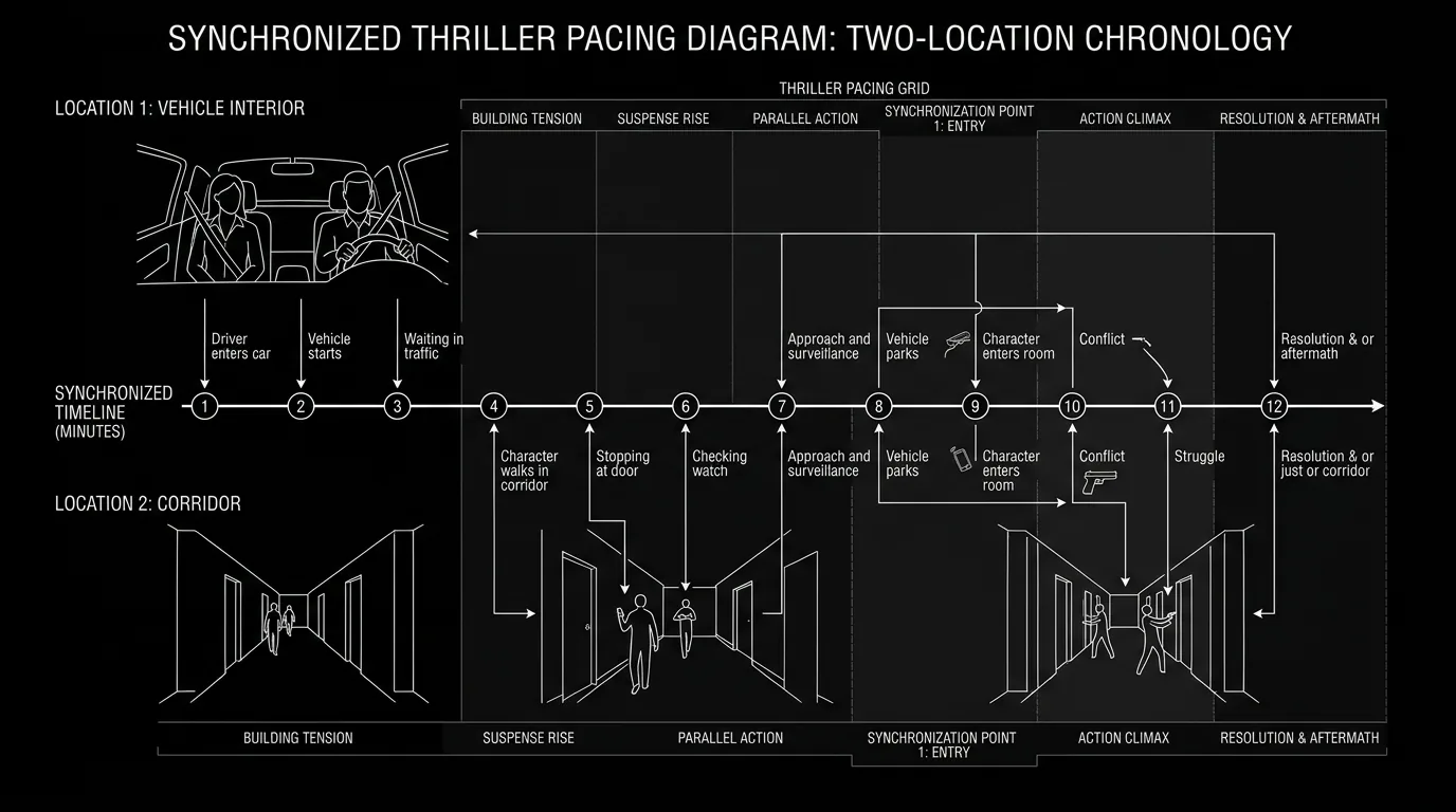 A split-screen diagram showing two locations with sync points marked; dark mode technical sketch, thin white lines on black background