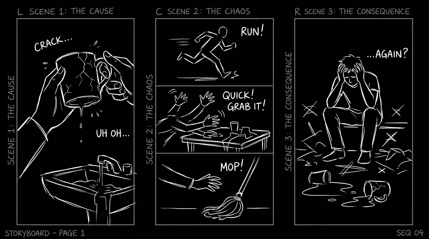 A script page showing multi-panel split-screen format; dark mode technical sketch, thin white lines on black background