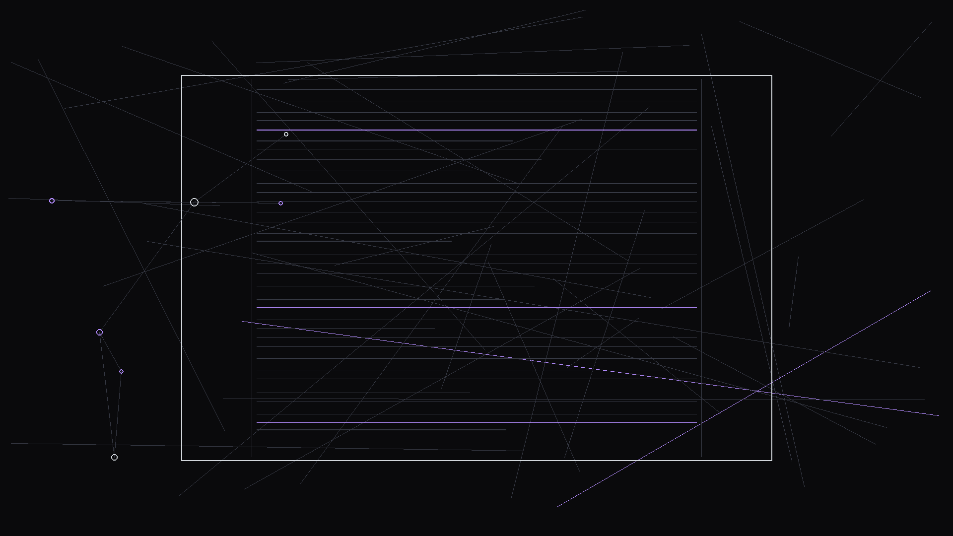 Dark mode technical sketch: script showing split-screen formatting with two simultaneous locations; thin white lines on black