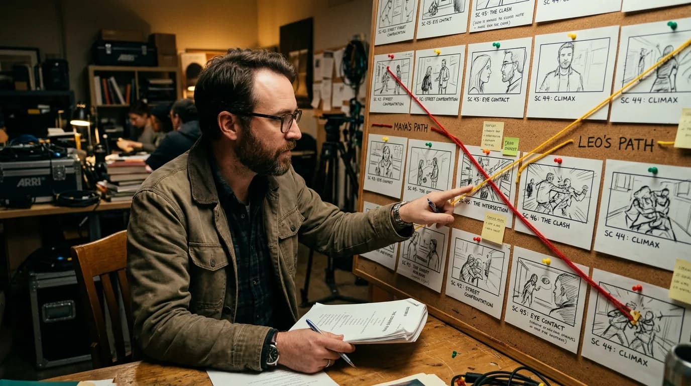 Corkboard storyboard with strings; cinematic film still