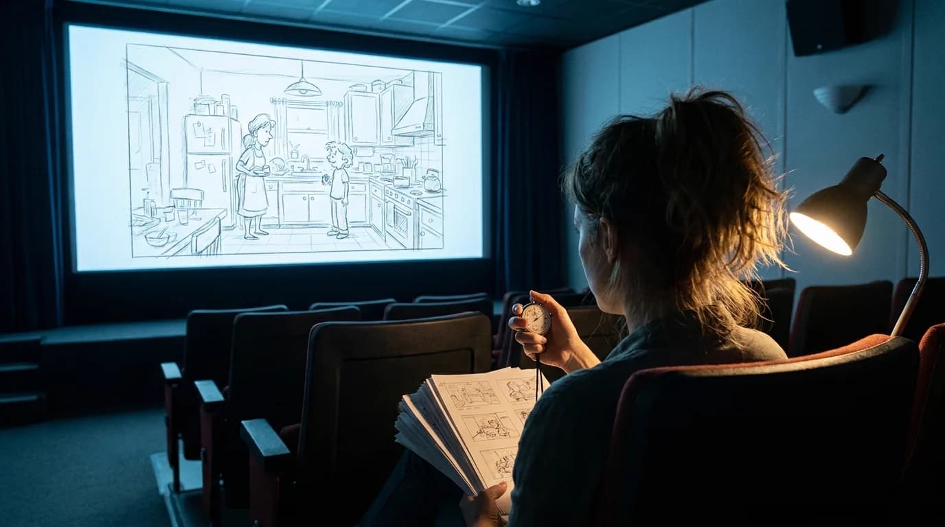 A small animation studio screening room during a story reel review, a rough pencil storyboard of a kitchen scene filling the screen, a producer in the front row seen from behind with a stopwatch in one hand and a thick stack of printed board pages on her lap, cool blue screen light against a warm clip-on reading lamp, cinematic still