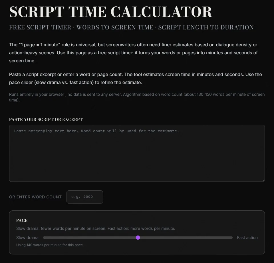 The ScreenWeaver script time calculator page with the paste box for a script excerpt, a word count field and the pace slider set to 140 words per minute