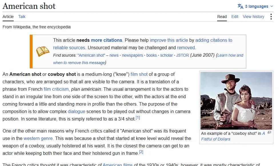 Wikipedia article titled American shot, explaining that an American shot or cowboy shot is a medium-long knee film shot translated from the French film criticism phrase plan américain, sometimes called a 3/4 shot, illustrated with a frame from A Fistful of Dollars