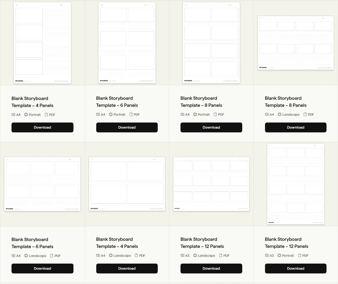 La pagina dei modelli di storyboard gratuiti di Boords con otto PDF vuoti da scaricare: layout da 4, 6, 8 e 12 riquadri in A4 e A3, verticali e orizzontali, ognuno con un pulsante Download (interfaccia in inglese)