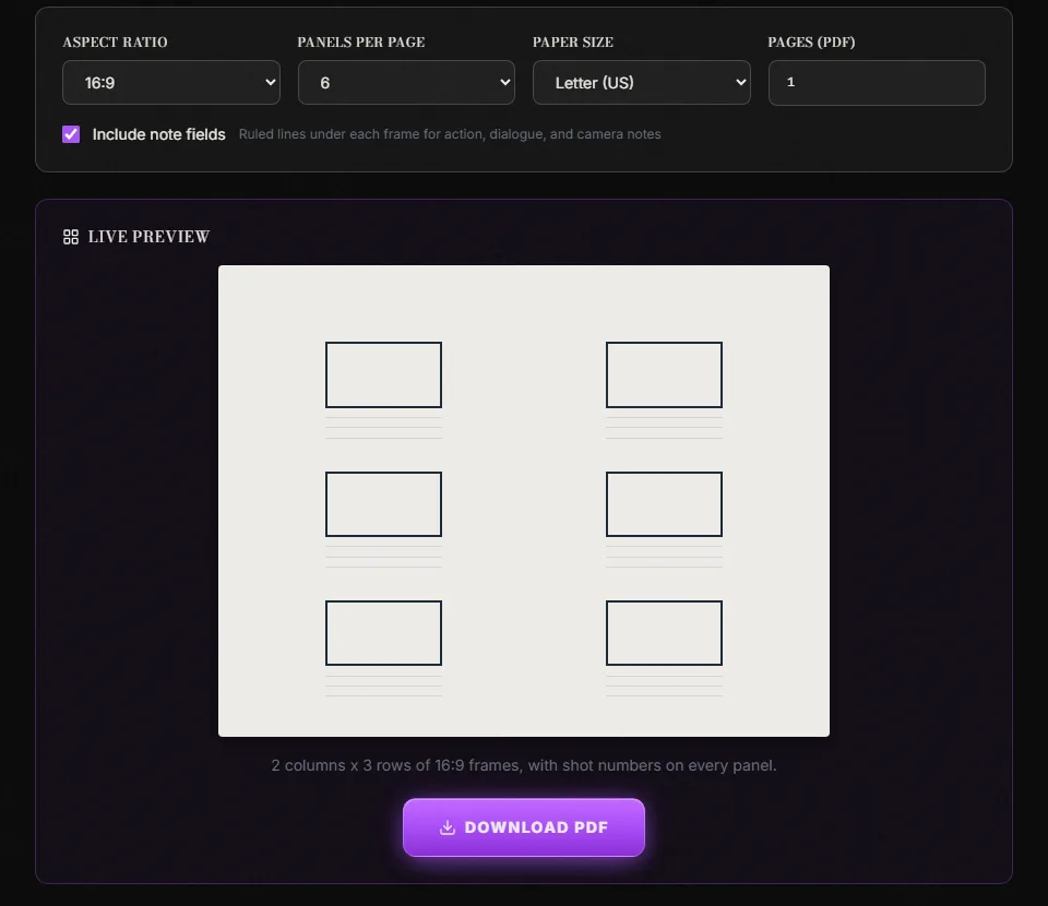 The storyboard template generator with 16:9, 6 panels, Letter and one page selected, note fields ticked, and a live preview of the sheet showing two columns of three frames with ruled note lines under each, above a Download PDF button