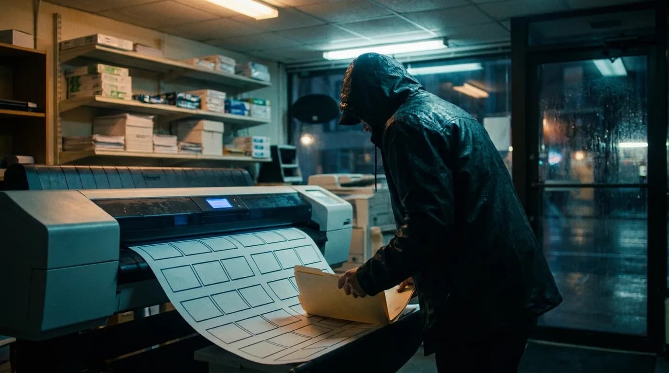 A wide-format printer in a 24-hour copy shop at night feeding out a long sheet of blank widescreen storyboard frames, a director in a wet hooded rain jacket seen from behind gathering the warm pages into a manila folder, fluorescent light mixed with the printer's blue glow, rain on the glass door, cinematic still