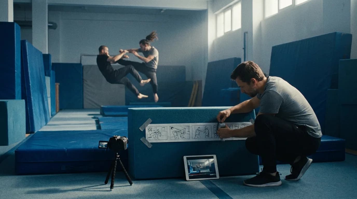 A stunt coordinator crouched on blue crash mats in a rehearsal gym early in the morning, taping a strip of hand-drawn storyboard panels to a foam block while two performers hold a frozen kick in the background, a small camera on a tripod and a tablet on the floor, cold daylight from high windows, cinematic still