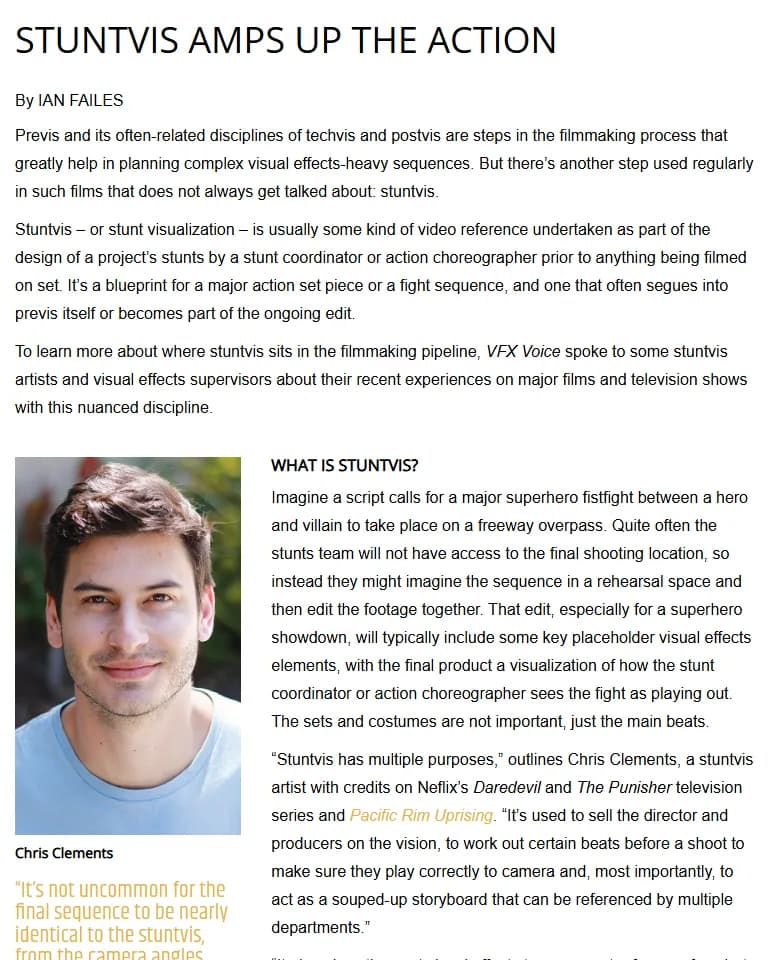VFX Voice article page titled Stuntvis Amps Up the Action, by Ian Failes, with the opening paragraphs defining stuntvis as a video reference undertaken by a stunt coordinator or action choreographer before anything is filmed on set, and a sidebar quote from stuntvis artist Chris Clements