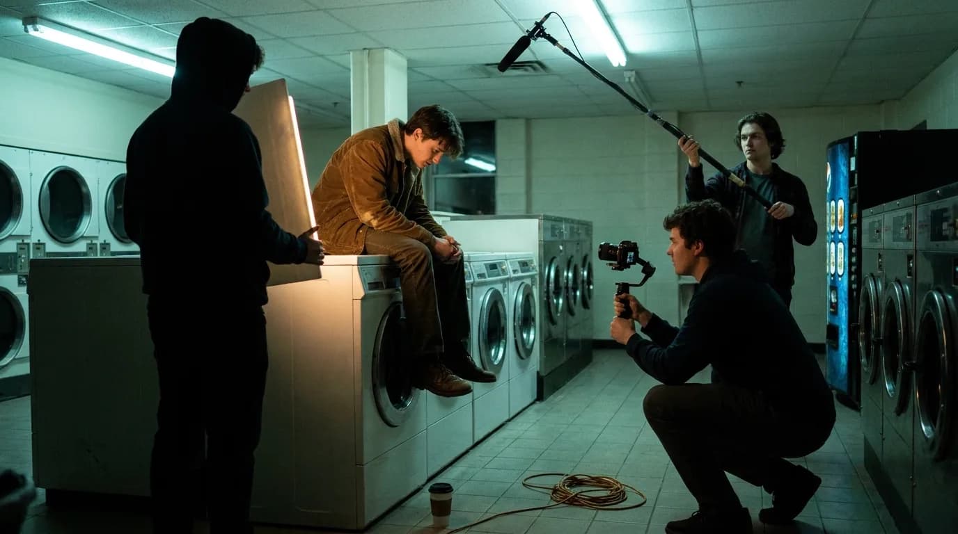 Three film students shoot a scene late at night in a dormitory basement laundry room, an actor in a corduroy jacket sitting on a washing machine lit by a small LED panel and a white foam board bounce, a student crouching with a mirrorless camera on a handheld gimbal and another holding a boom microphone, rows of front-loading machines and a glowing vending machine behind them, cinematic still