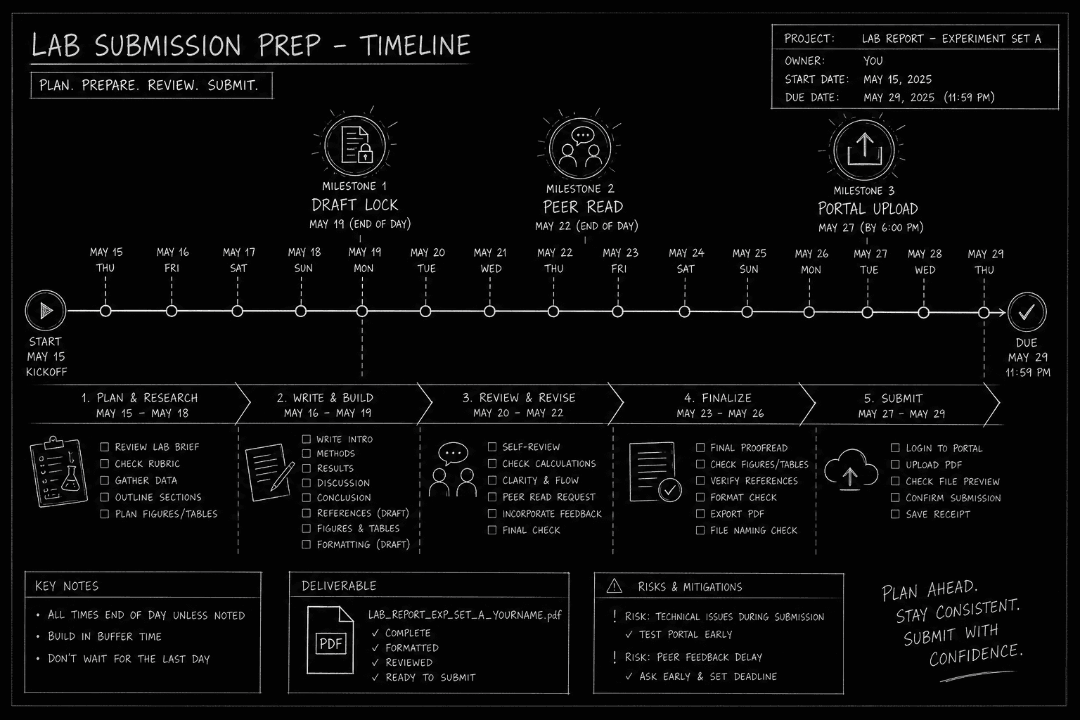 Lab submission timeline with draft lock, peer read, and portal upload milestones; dark mode technical sketch