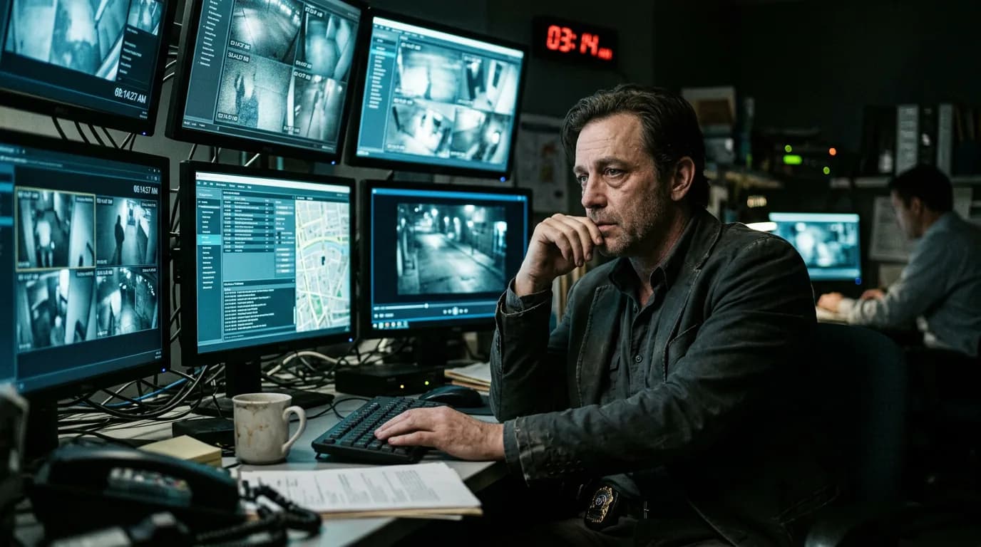 Analyst watching wall of screens; cinematic film still