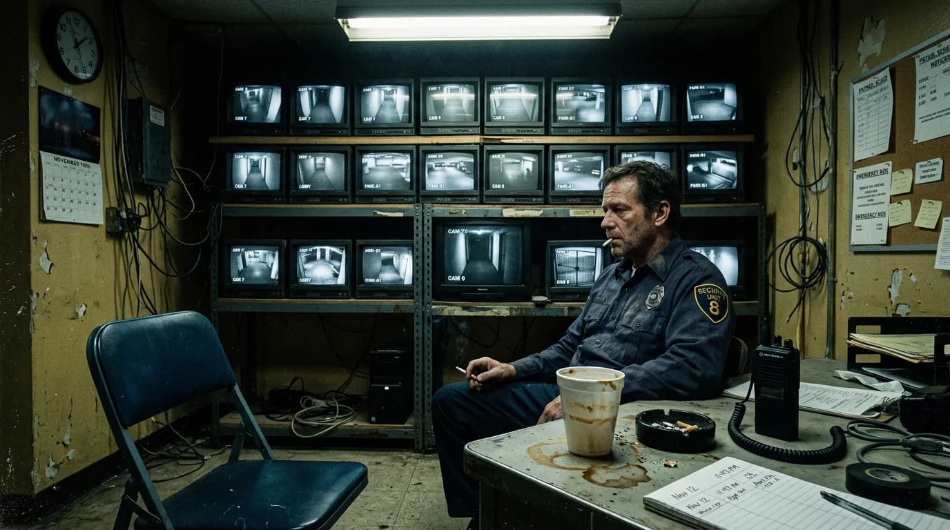 Cinematic 35mm film still: security office with CRT monitor wall