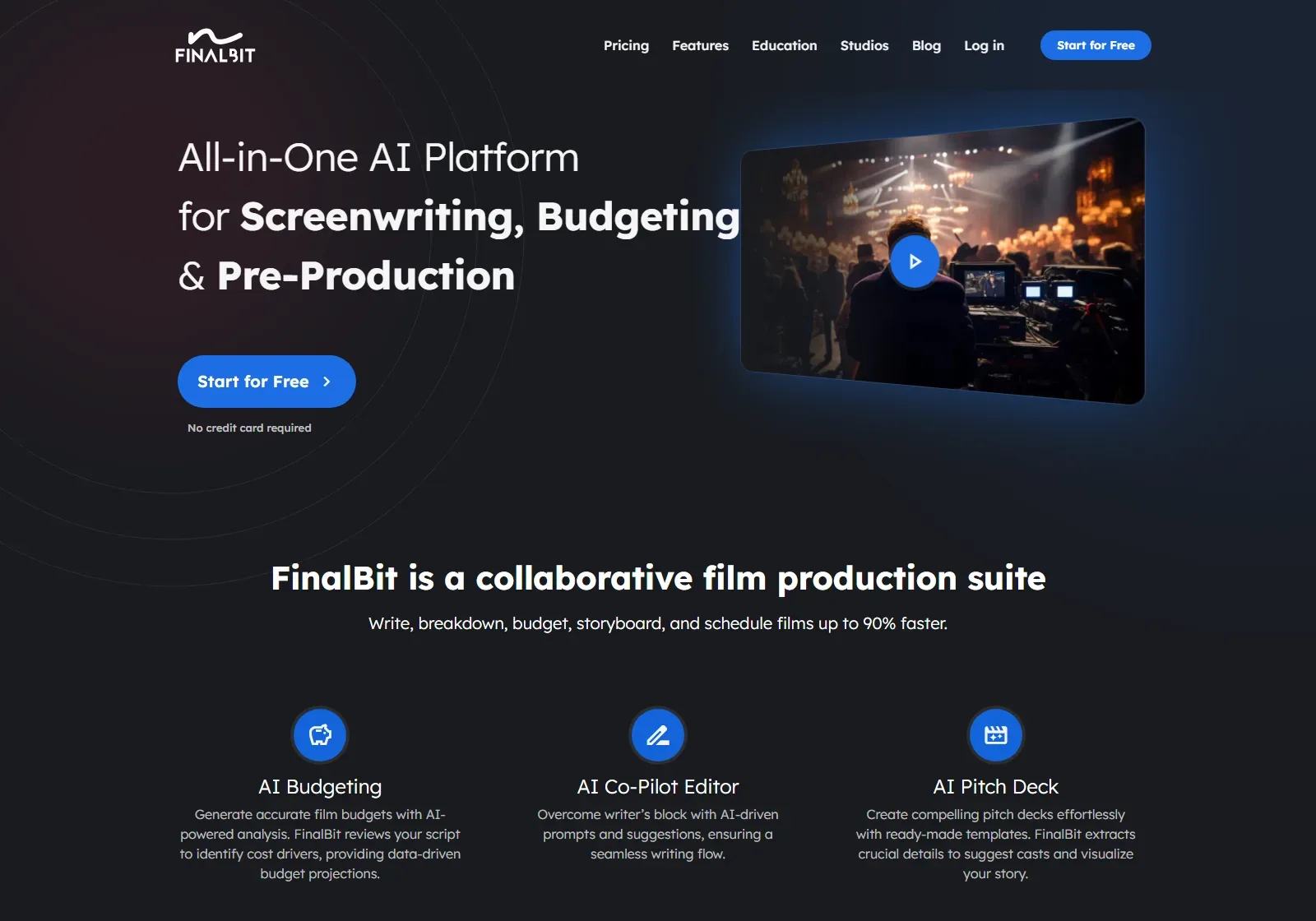 FinalBit homepage reached from nolanai.app, headed All-in-One AI Platform for Screenwriting, Budgeting and Pre-Production, with feature tiles for AI Budgeting, AI Co-Pilot Editor, AI Pitch Deck, Analytics, Multilingual and Automated Breakdown