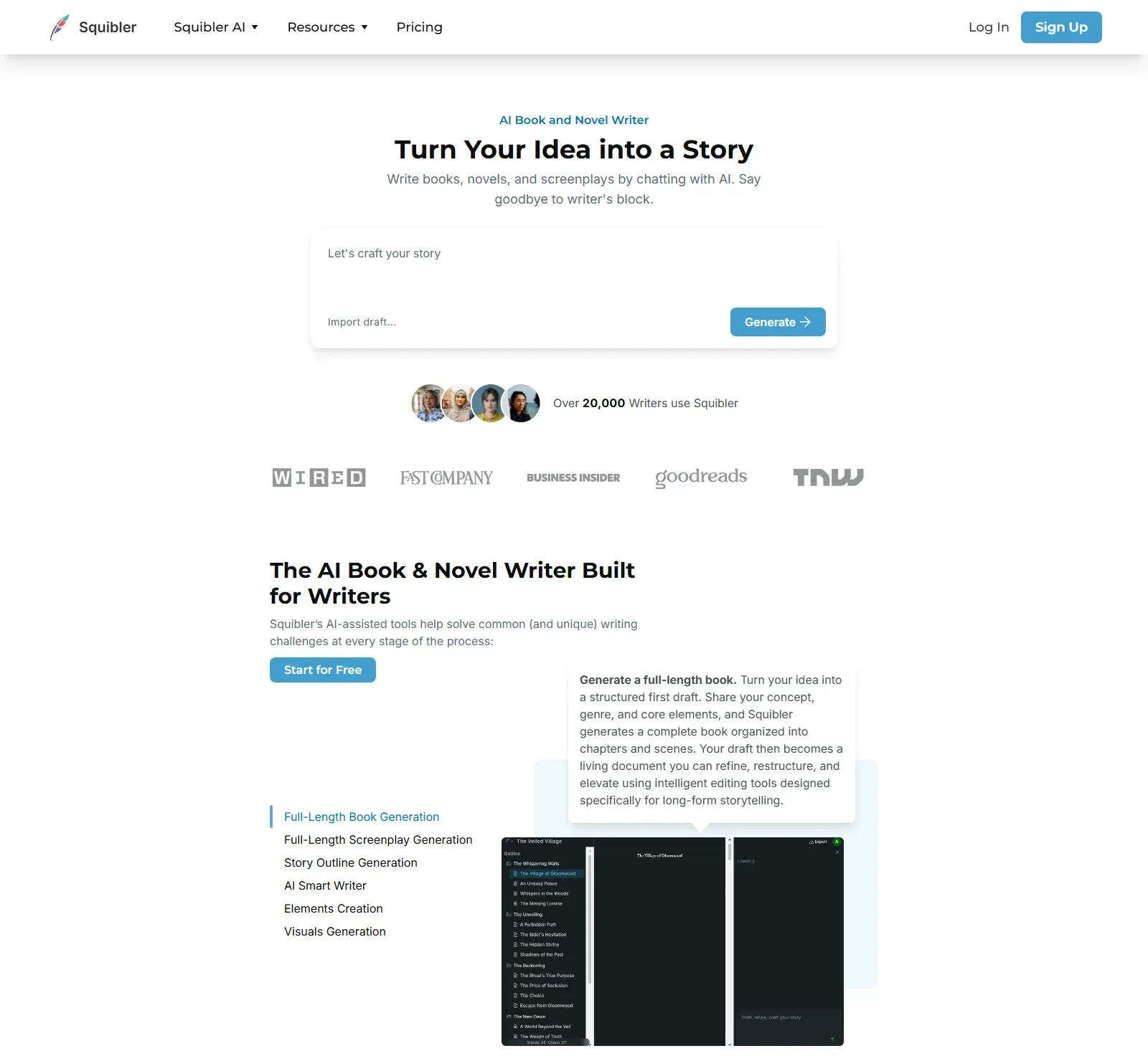 Startseite von Squibler mit der Überschrift AI Book and Novel Writer, dem Satz Write books, novels, and screenplays by chatting with AI, einem Generate-Feld und einer Funktionsliste mit Full-Length Screenplay Generation
