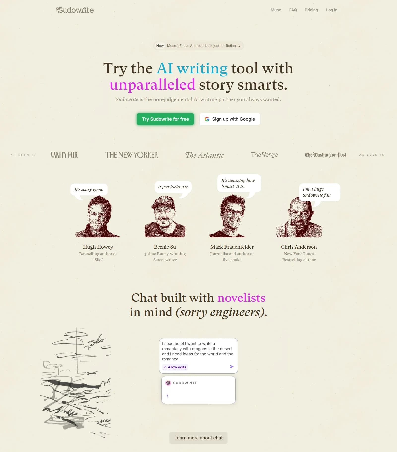La home page di Sudowrite con il titolo Try the AI writing tool with unparalleled story smarts, un banner per Muse 1.5 descritto come un modello AI costruito solo per la narrativa, e una sezione intitolata Chat built with novelists in mind (interfaccia in inglese)
