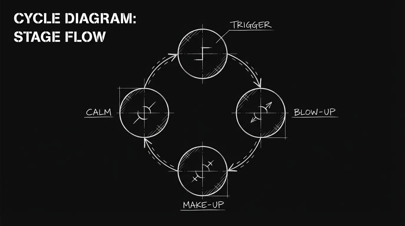 Cycle: trigger, blow-up, make-up, calm; dark mode technical sketch