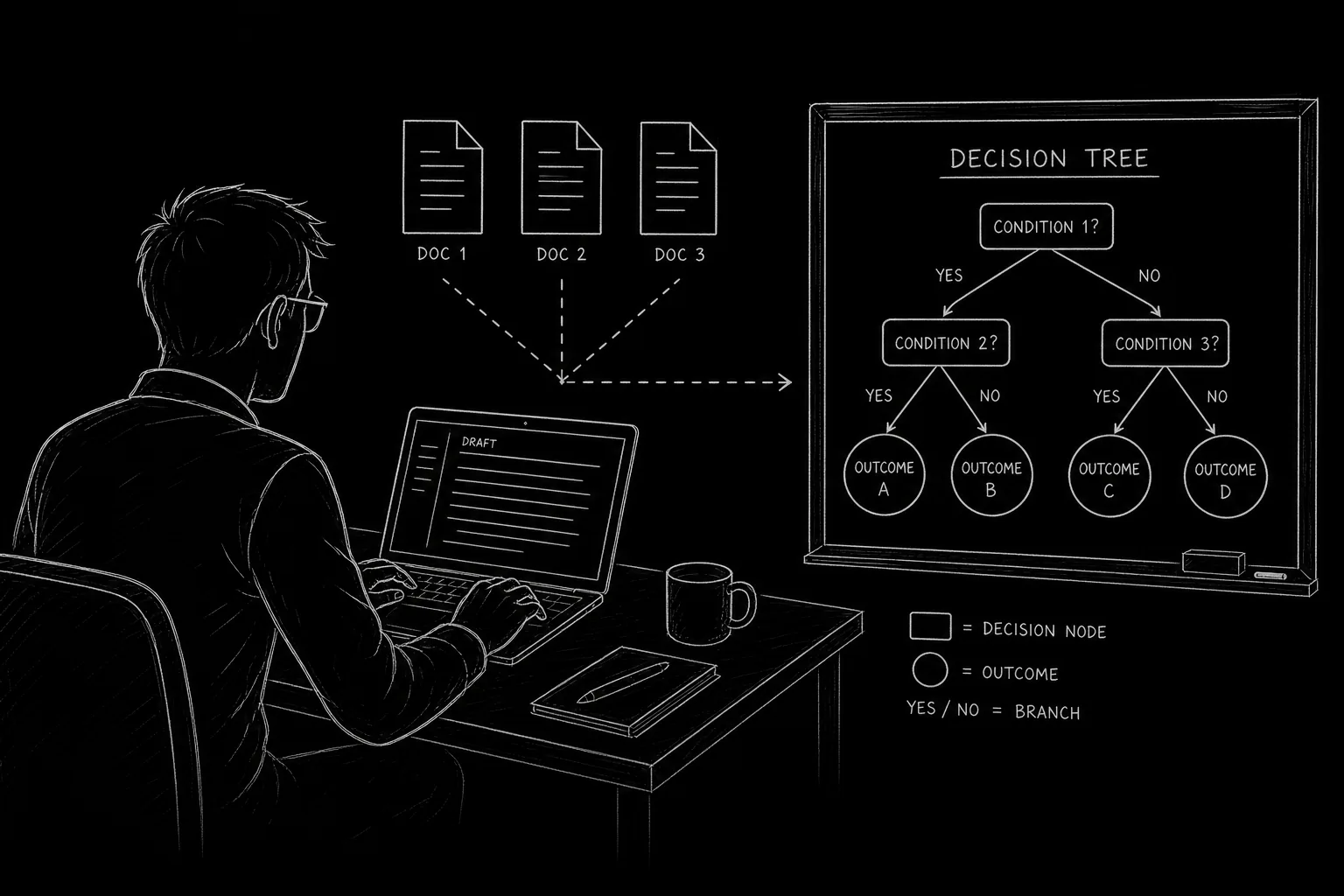 Dark mode technical sketch: writer at laptop choosing between three document icons with a simple decision tree chalked on blackboard behind, thin white lines on black
