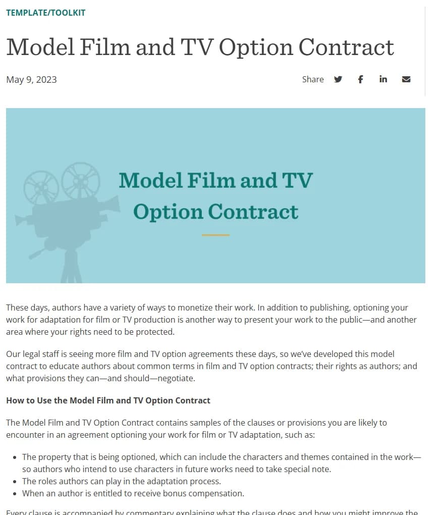 The Authors Guild resource page for its Model Film and TV Option Contract, dated May 9 2023, explaining that the contract shows the clauses an author is likely to meet, including the property optioned, the author's role in the adaptation and bonus compensation