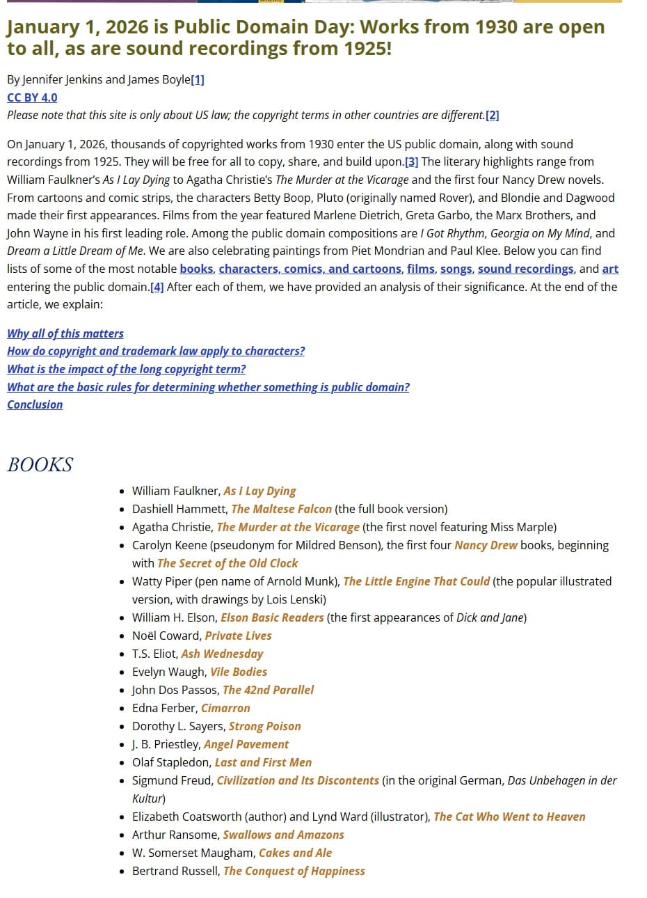 The Center for the Study of the Public Domain page announcing that works from 1930 are open to all, with its list of books including As I Lay Dying, The Maltese Falcon, The Murder at the Vicarage, the first four Nancy Drew novels, Ash Wednesday, Vile Bodies, Cimarron, Strong Poison and Cakes and Ale