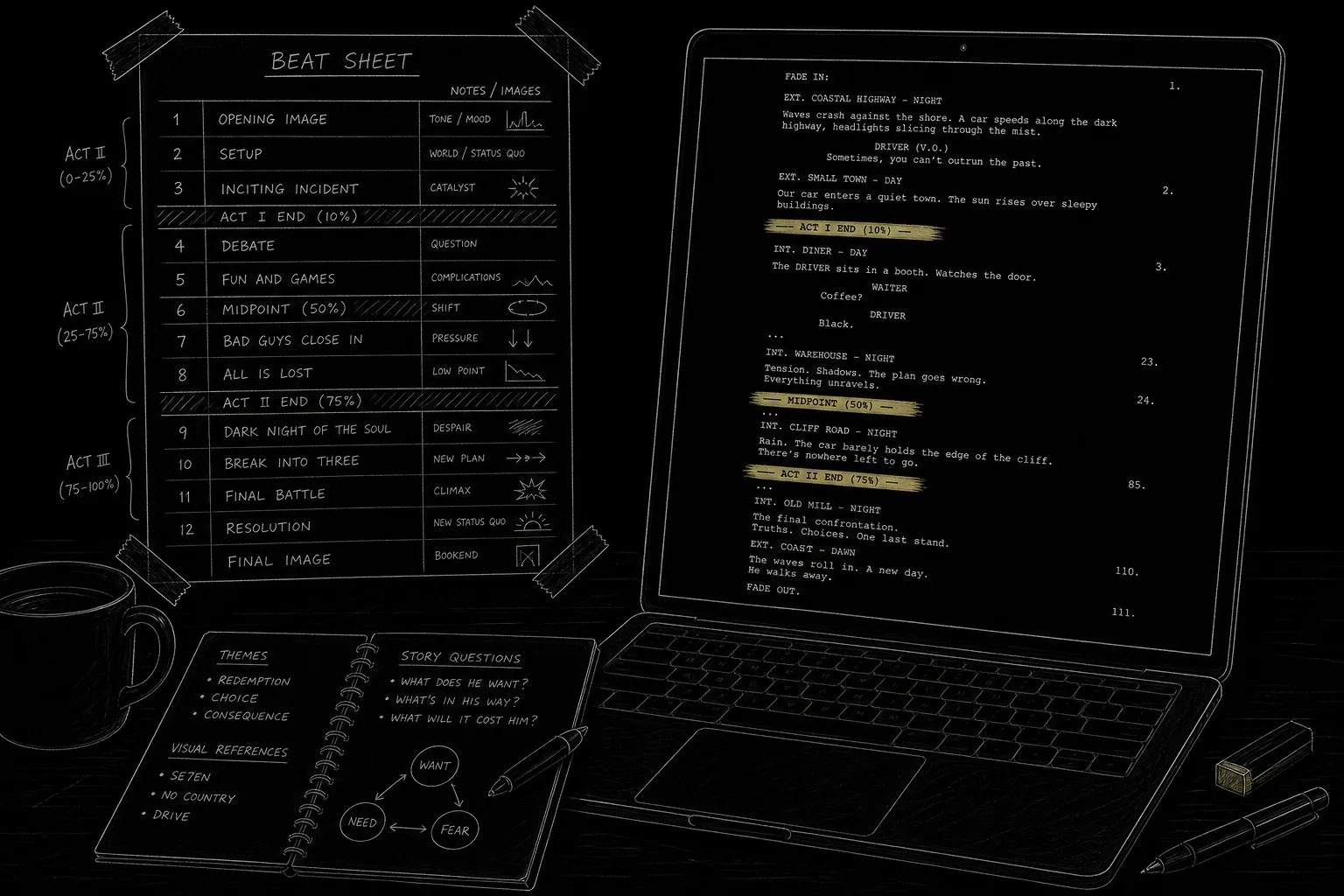 Dark mode technical sketch: printed beat sheet taped beside laptop showing script draft with matching act break highlights, thin white lines on black
