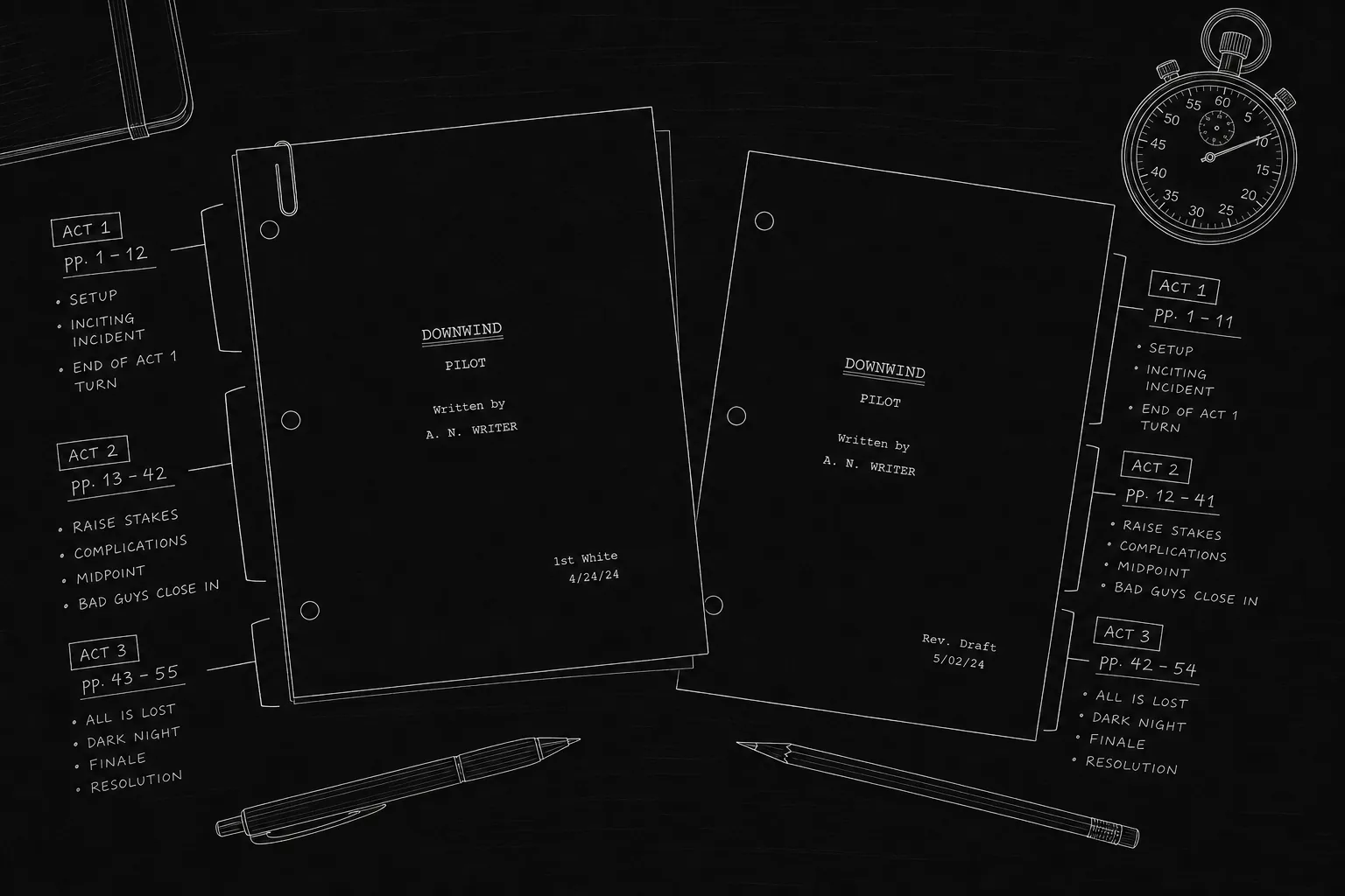 Dark mode technical sketch: writer at desk with two pilot printouts and handwritten act page ranges in margins, thin white lines on black