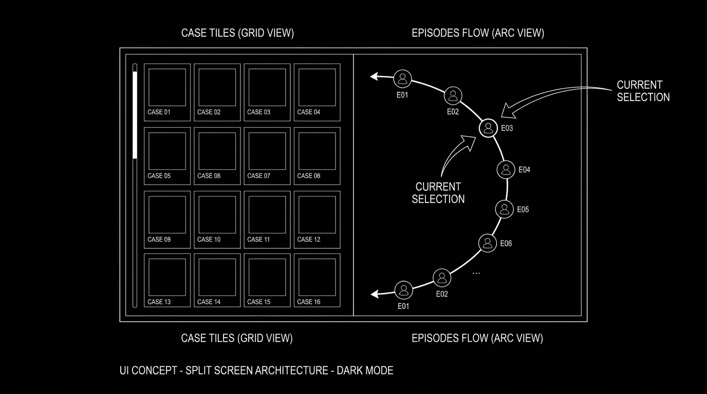 Split-screen TV in dark mode: one side a grid of neat case tiles, the other a flowing overlapping arc of episodes
