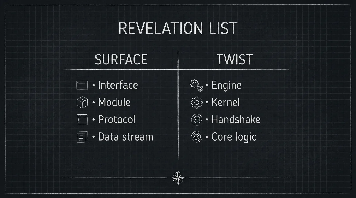 Revelation list: two columns, surface vs twist; dark mode technical sketch