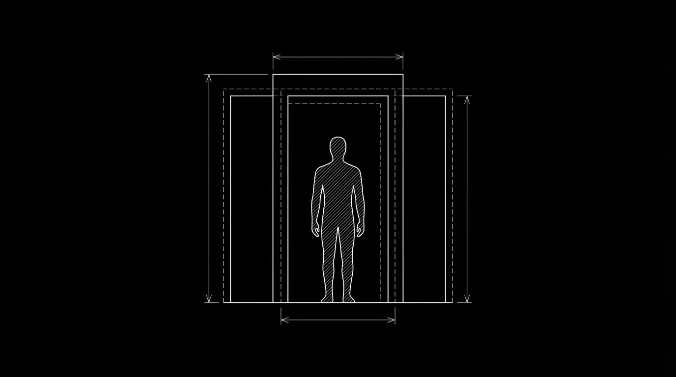 Single figure between two overlapping doorways; dark mode technical sketch