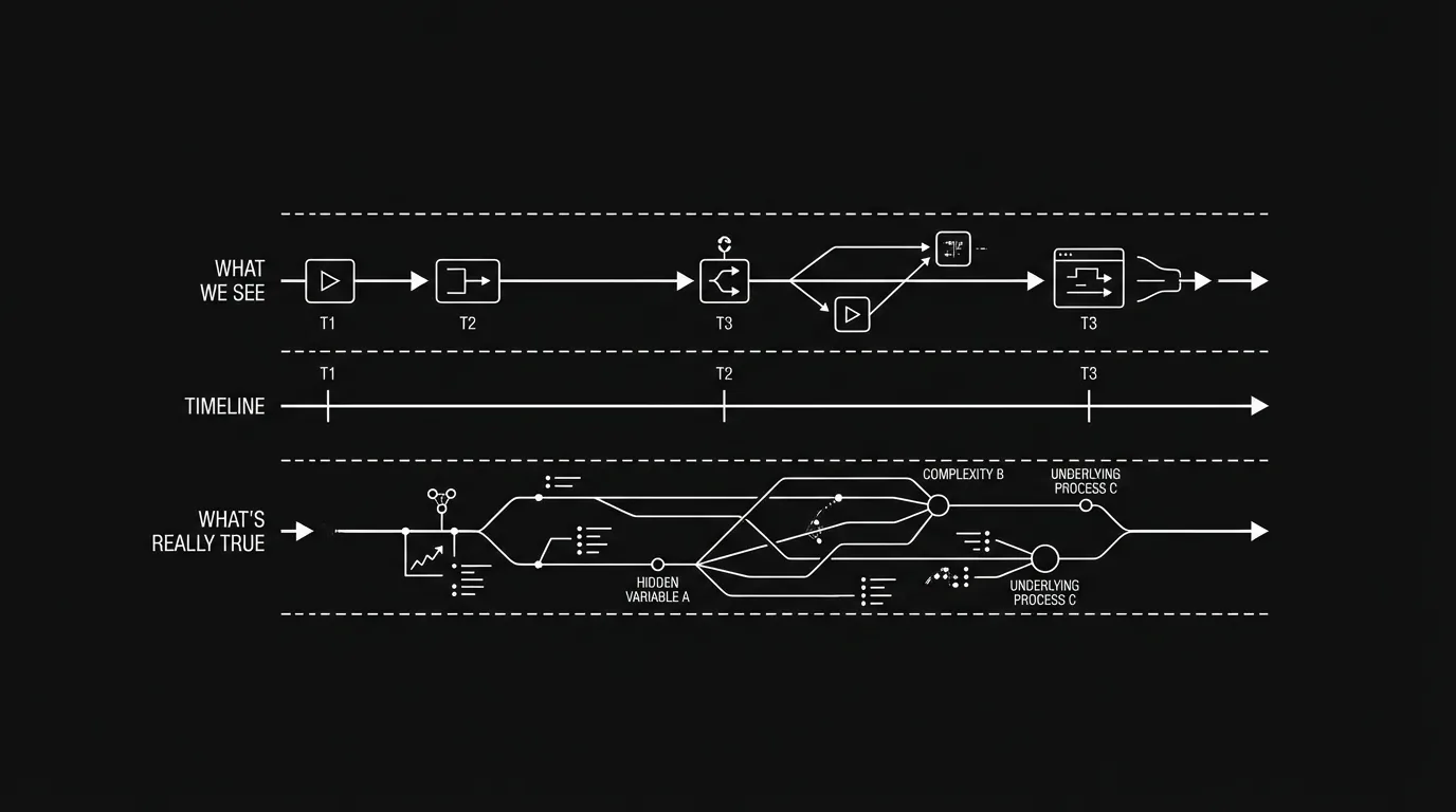 Timeline with two parallel tracks: “what we see” and “what’s really true”; dark mode technical sketch