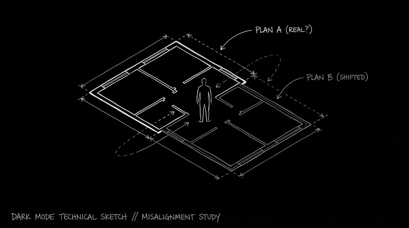 Unreliable reality: two overlapping spaces; dark mode technical sketch
