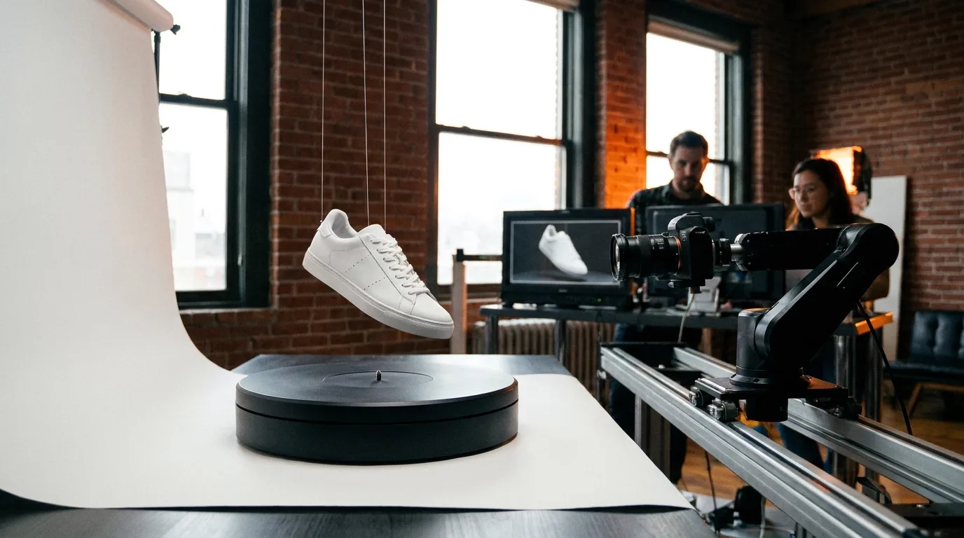 A white sneaker hangs on thin wires above a black turntable in a brick-walled loft studio while a robotic camera arm on a track films it and two producers compare takes on side-by-side monitors, cinematic still