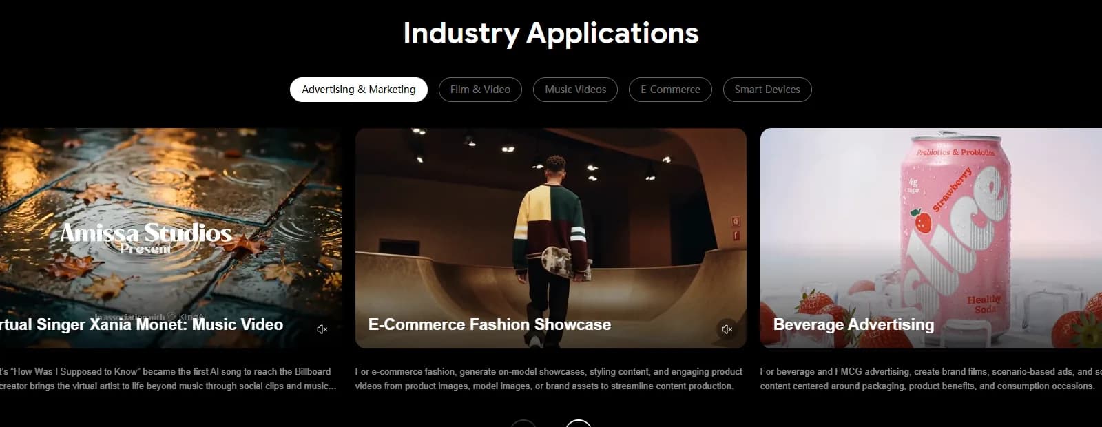 The Industry Applications section of the kling.ai homepage, with tabs for Advertising and Marketing, Film and Video, Music Videos, E-Commerce and Smart Devices, and example cards for an e-commerce fashion video and a strawberry soda beverage ad