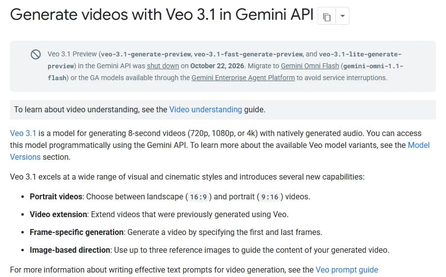 The top of Google's Gemini API page for Veo 3.1, with a notice that the Veo 3.1 preview models were shut down on October 22, 2026, followed by the model description and its four capabilities, including up to three reference images