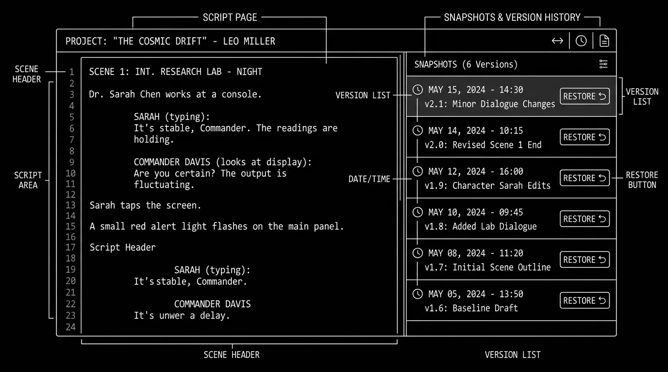 Dark mode technical sketch: script with version history or snapshots panel; thin white lines on black