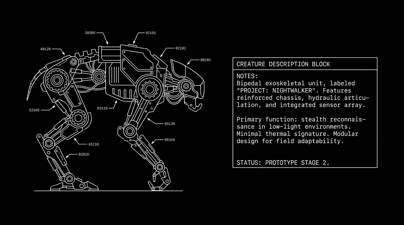Creature description block; one paragraph; dark mode technical sketch