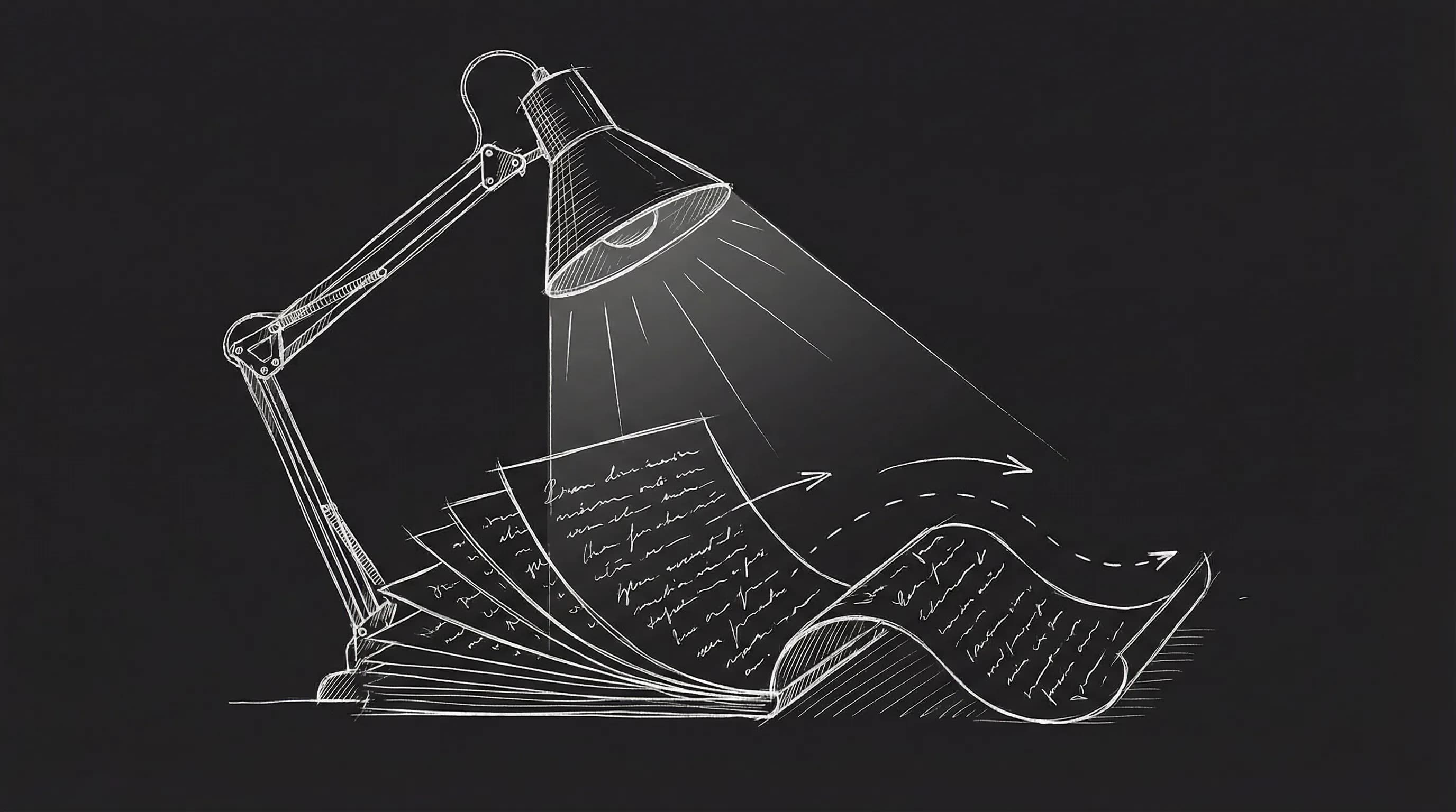 Writer in flow: single lamp, pages piling up