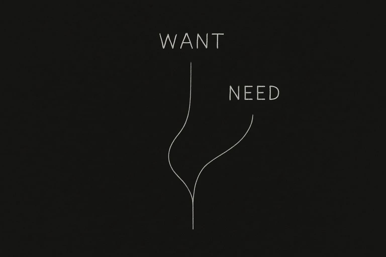 Character at a fork: one path labeled "want," one "need"; dark mode technical sketch